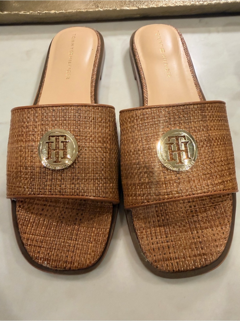 Tommy Hilfiger Tan Woven Slide Sandals with Gold Logo Medallion